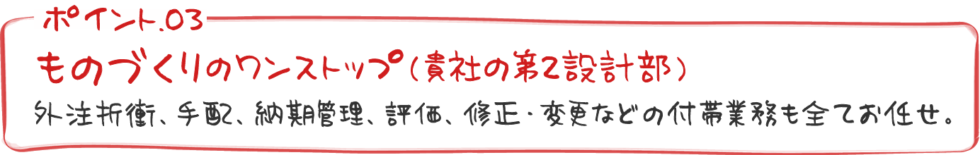 ポイント03　ものづくりのワンストップ（貴社の第2設計部）　外注折衝・手配納期管理・評価・修正・変更などの付帯業務も全てお任せ。