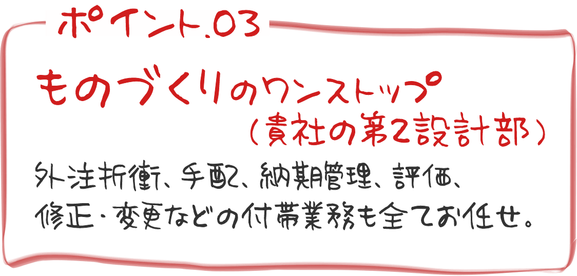 ポイント03　ものづくりのワンストップ（貴社の第2設計部）　外注折衝・手配納期管理・評価・修正・変更などの付帯業務も全てお任せ。